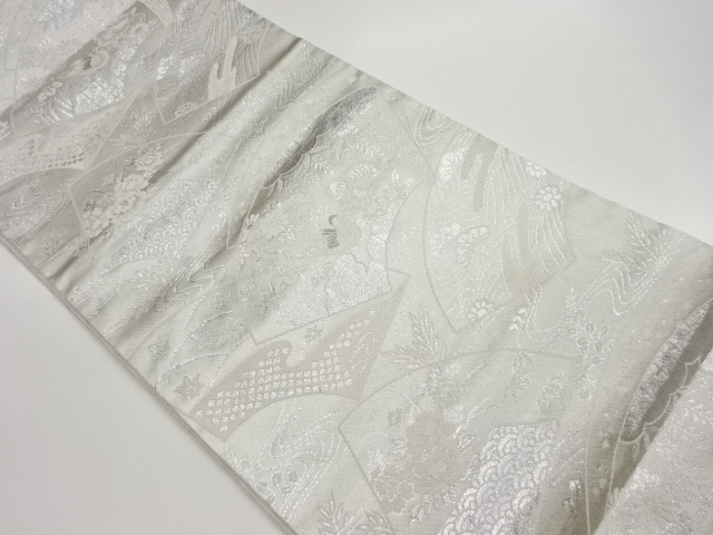 JAPANESE FUKURO OBI / PLATINUM FOIL / WOVEN FLORAL PLANTS